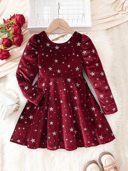 Girls' Long Sleeve Party dress - Elegant Burgundy Formal & Everyday Winter Outfit with Back Bow, Soft Velvet-like Fabric for Birthday, Christmas, School - Girls' Clothing Gift for Fall/Winter Seasons, Festive Occasions, Styli