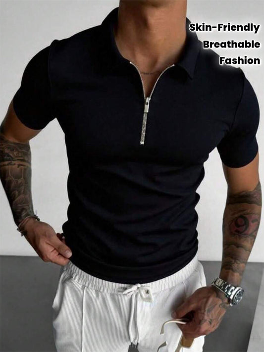 Men's Slim-Fit Zip Shirt with Short Sleeves, Featuring a Minimalist and Trendy Style. Designed with a Half-zip Collar, It Is Made of Soft, Skin-friendly Stretch Fabric That Is Breathable and Sweat-wicking. The Form-fitting De - ayq