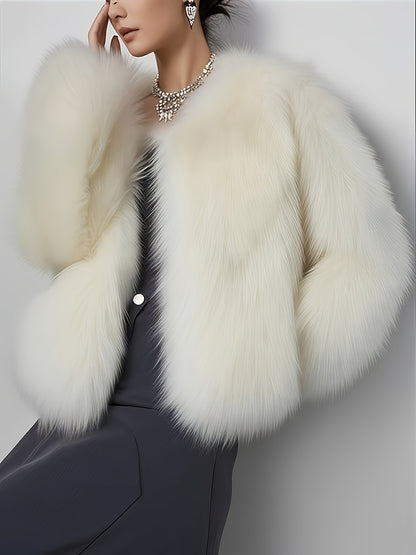Women's Elegant White Fake Fur Coat - Winter Jacket with Fluffy Collar, Machine Washable Cold Weather Outerwear for Formal & Everyday Events, Luxury Non-Stretch Coat for Women, Ladies Winter Coats, Seasonal Fashion, Sophistic