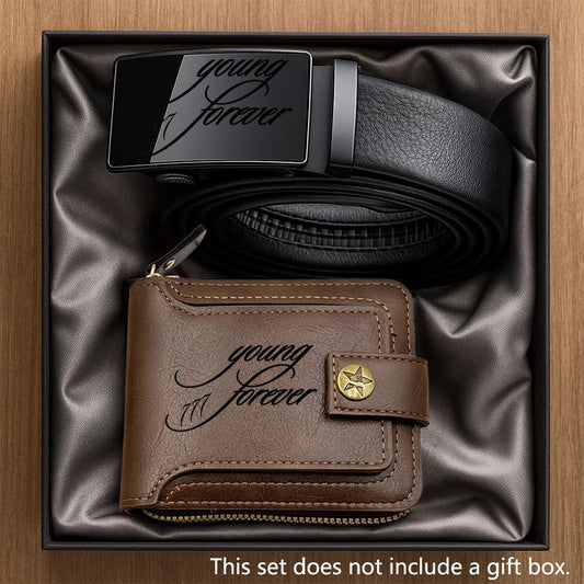 2pcs Men's Belt and Coin Purse Set, Young Forever Series with Exquisite Print Design, Premium Business Combo, Unisex Fashion Accessories for Daily Use, Perfect Gift for Dad