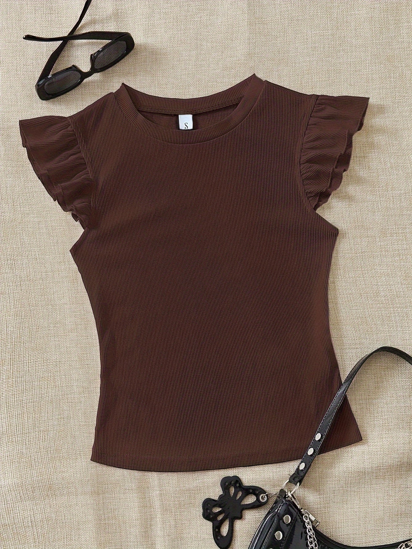 Slim Fit Ribbed Ruffle Sleeve T-Shirt for Women, Summer Chic - ayq