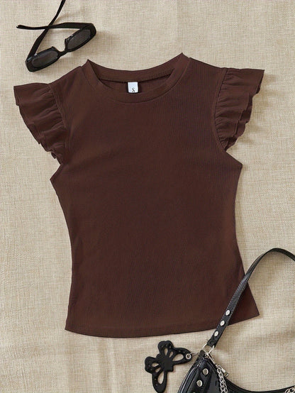 Slim Fit Ribbed Ruffle Sleeve T-Shirt for Women, Summer Chic - ayq