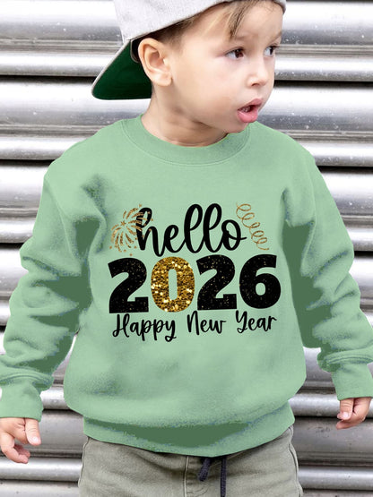 Տղաների 2026 թվականի Նոր տարվա երեկույթի սվիտեր - Բարև 2026 Շնորհավոր Նոր Տարի հրավառության տպագրությամբ, ազատ չափի երկար թևքով սվիտեր ոսկեգույն փայլուն գրությամբ, ձմեռային տաքություն տղաների համար, Նոր տարվա սվիտեր, տոնական հագուստ, խաղալիք