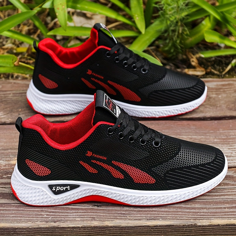 A Pair of Men's Casual Lace-up Sneakers - Suitable for All Seasons, Color-block Design in Black and Red, Low-top Running Shoes | Casual Slip-ons | Non-slip Sole Shoes - ayq