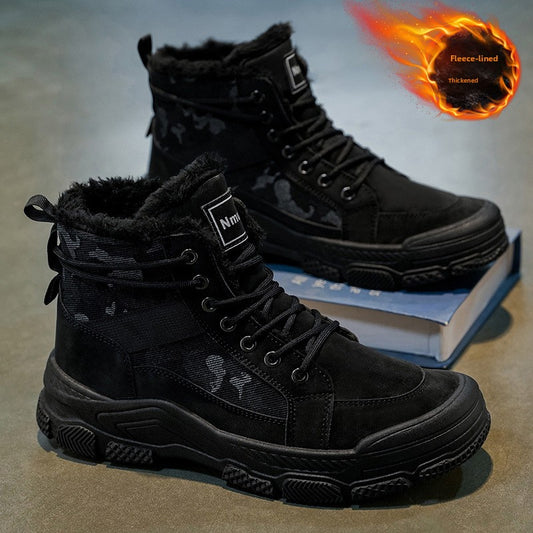 Men's High-Top Winter Boots with -Like Collar & - Heavy-Duty PU Upper, PVC Sole, Beige/Tan Lace-Up Snow Boots for Ice, Slush,, Outdoor (Warm Cold Weather Footwear)