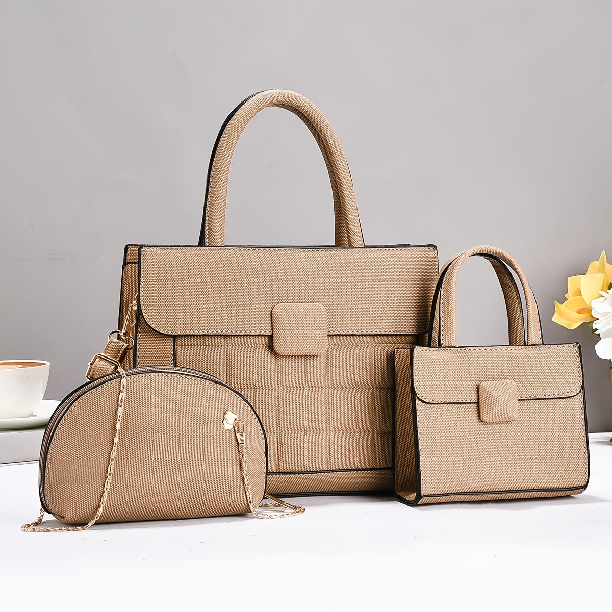 Set of 3 Stylish Large-Capacity PU Tote Bags with Adjustable Strap