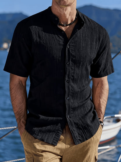 Men's Black Textured Stand Collar Short Sleeve Shirt