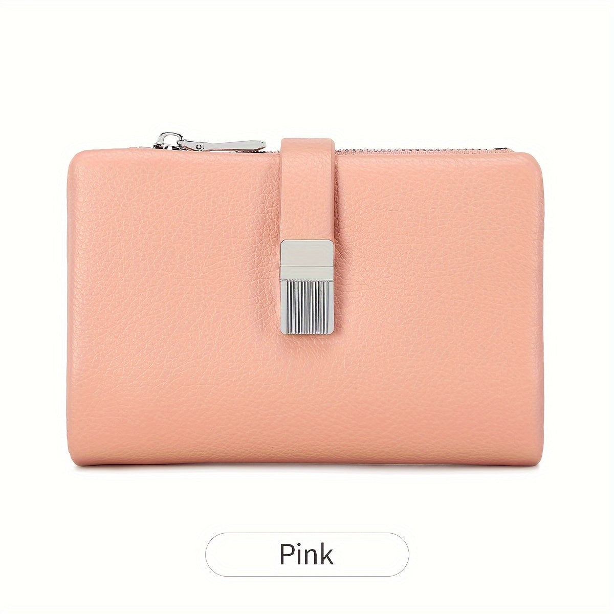 A Compact Trifold Wallet Made of Soft PU in a Solid Color, Featuring Metal Accents. It Includes a Zippered Coin Pocket, Card Slots, And an ID Window, Suitable for Credit Cards, ID Cards, Cash, And Coins. This Modern, Lightwei