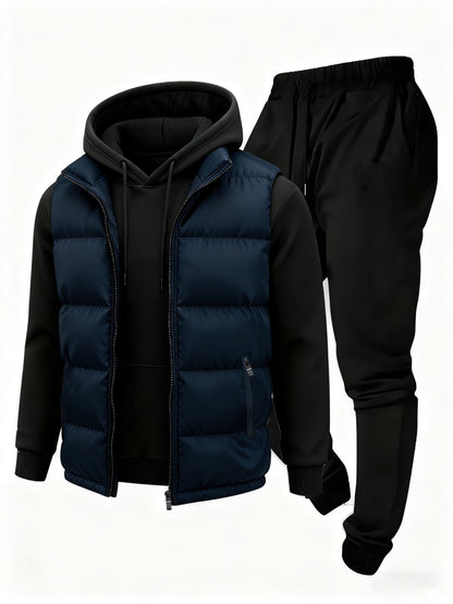 3pcs Vest Casual Set for Men Men's Casual Cartoon Drawstring Pocket Hoodie and Sports Drawstring Trousers Matching Set - ayq