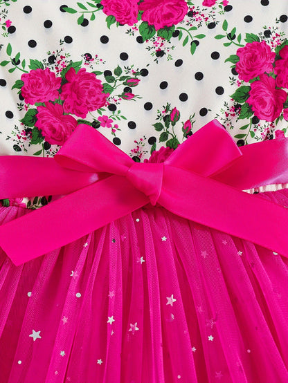 COVIVIKY Girls' Elegant Long Sleeve Party Dress with Puff Skirt & Sheer Panel - Knee-Length A-Line Wedding Prom Dress, Belted Waist Bow & Netting Trim, Hand Washable Winter Formal Gown for Girls (Age 4-12)