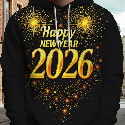 Men's 2026 New Year Fireworks Print Hooded Sweatshirt - Winter Warm Loose-Fit Pullover Hoodie with Firework Patterns, Machine Washable Casual Sweater for Christmas & NYE Parties (Red/Golden/White)