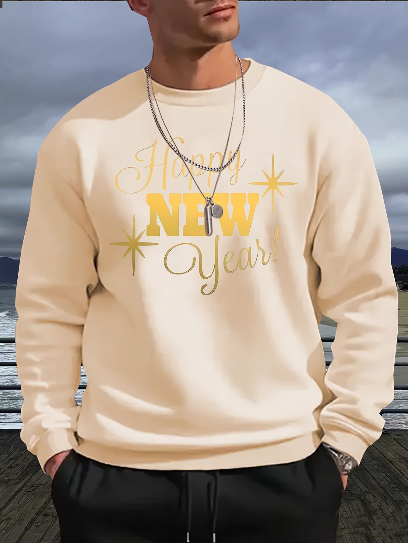 Men's Happy New Year Sweater - Loose Fit Round Neck Pullover Shirt with Golden Script, Light Grey & Machine Washable Casual Party Outfit for Everyday & Celebration Wear, Cute Sweaters, Festive Apparel, Festive Design, Durable