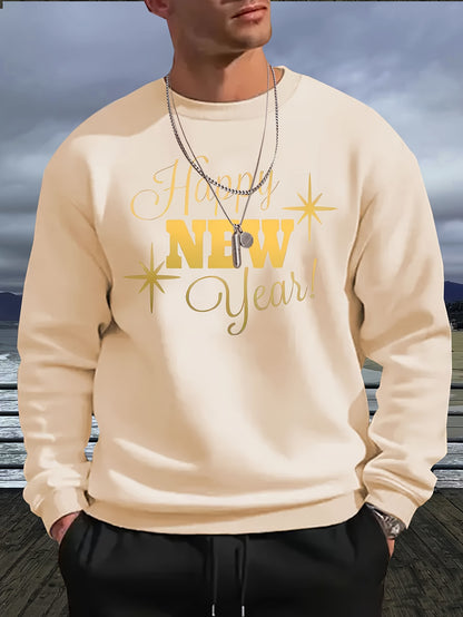 Men's Happy New Year Sweater - Loose Fit Round Neck Pullover Shirt with Golden Script, Light Grey & Machine Washable Casual Party Outfit for Everyday & Celebration Wear, Cute Sweaters, Festive Apparel, Festive Design, Durable