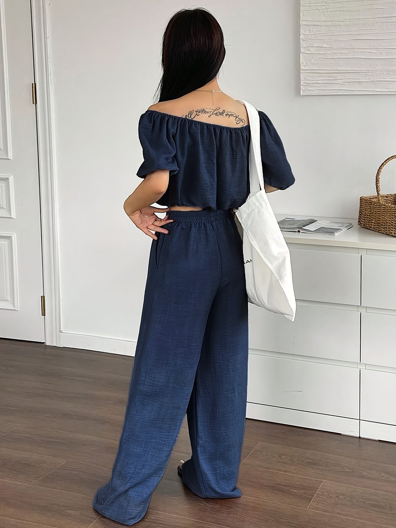 Women's Summer Solid Color Off-Shoulder Puff Sleeve Crop Top and Loose Wide-Leg Pants Two-Piece Set - ayq