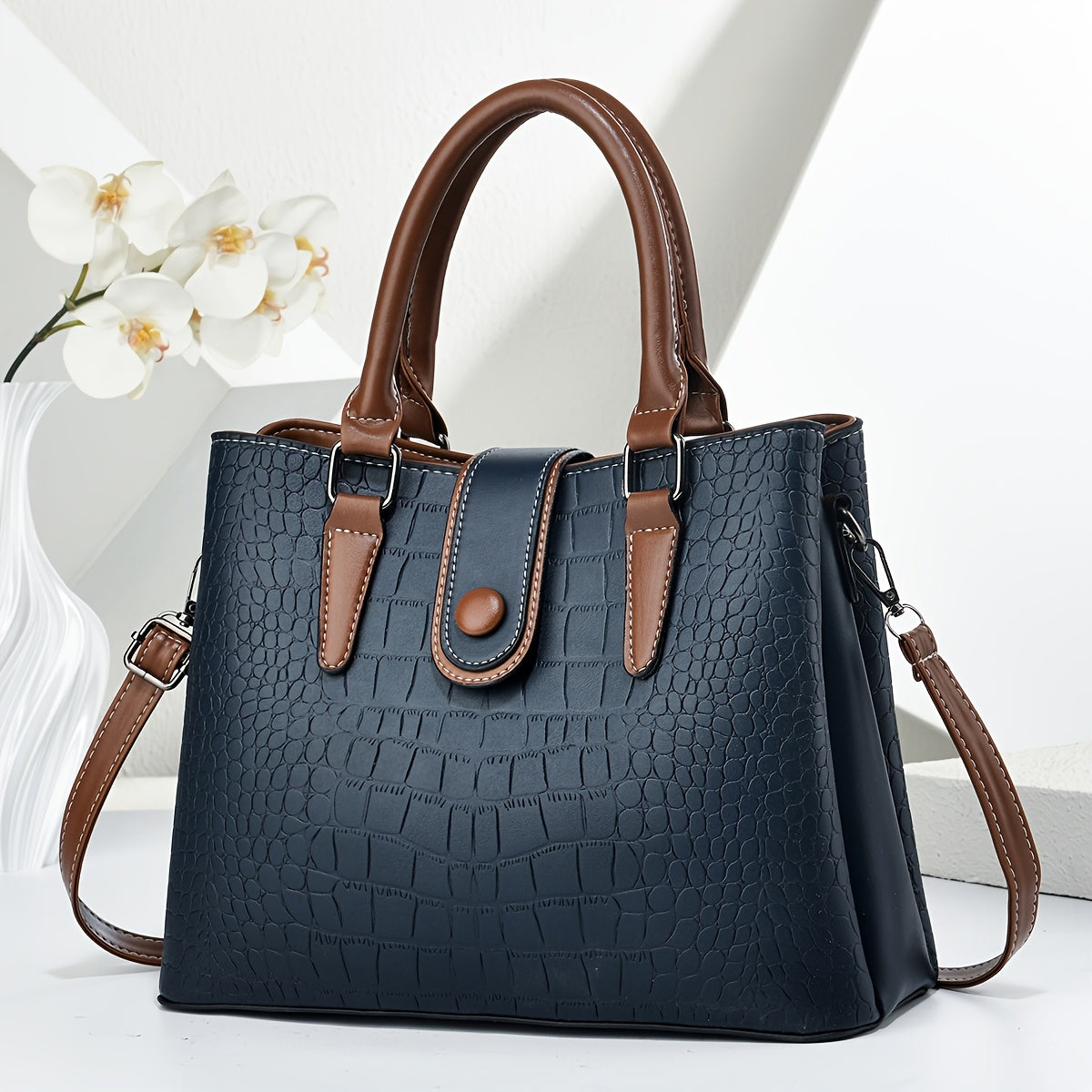 Women's Vintage Crocodile Embossed PU Shoulder Tote Bag