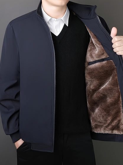 Men's Fleece-Lined Zip-Up Jacket - Casual Stand Collar, Outdoor Sports Coat with Pockets, Machine Washable