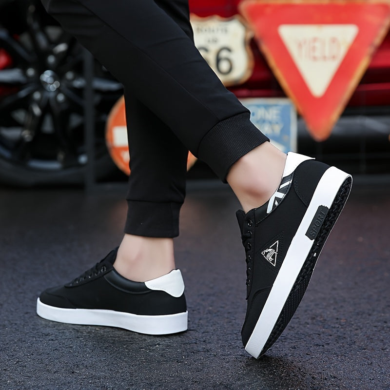 Men's Retro Breathable Canvas Sneakers - Comfortable, Non-Slip Rubber Sole Walking Shoes, Casual Low-Top Lace-Up Design with Triangular Logo, Black & White Accents, Durable PU Upper for Casual Attire