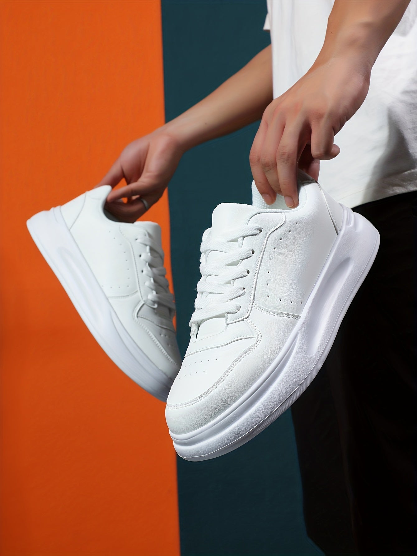 Men's Trendy White Skate Sneakers - Comfortable, Breathable, All-Season Low-Top Lace-Up Shoes with Thick Sole, PU Upper & Mesh Lining for Casual Streetwear