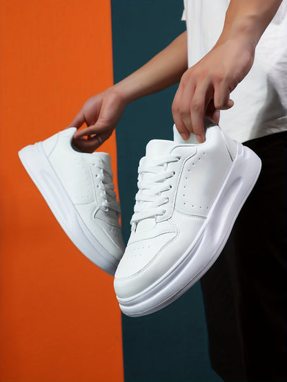Men's Trendy White Skate Sneakers - Comfortable, Breathable, All-Season Low-Top Lace-Up Shoes with Thick Sole, PU Upper & Mesh Lining for Casual Streetwear