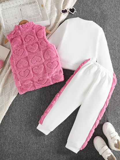 Girls 3-Piece Heart Pattern Fall/Winter Casual Set - ayq