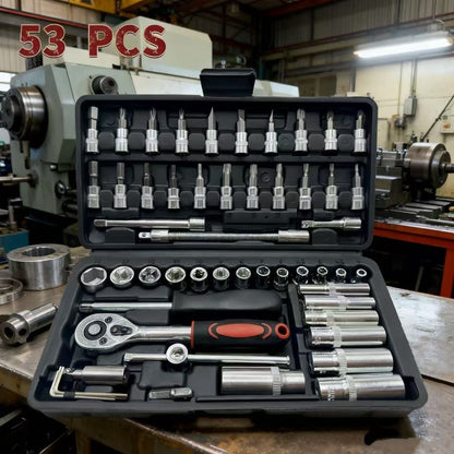 53pcs -in- Heavy-Duty Multi-Tool Kit Suitable for Car & Motorcycle Repair - Chrome-Vanadium Manual Tool Set with 53 Tools (Wrenches, Sockets,) in Black Case for Mechanics, DIY, Auto Maintenance