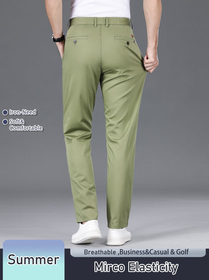 Men's Solid Color Straight Leg Business Style Cotton Blend Pants, Casual Comfy Breathable Outdoor Trousers As Gift