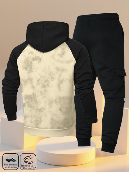 A New Trendy Color-Blocked Hoodie with Raglan Sleeves And Loose-Fitting Cargo Pants Featuring Multiple Pockets, Perfect for Casual Everyday Wear. This Breathable Hoodie And Loose Long Pants Set Comes in a Two-Piece Print Desi