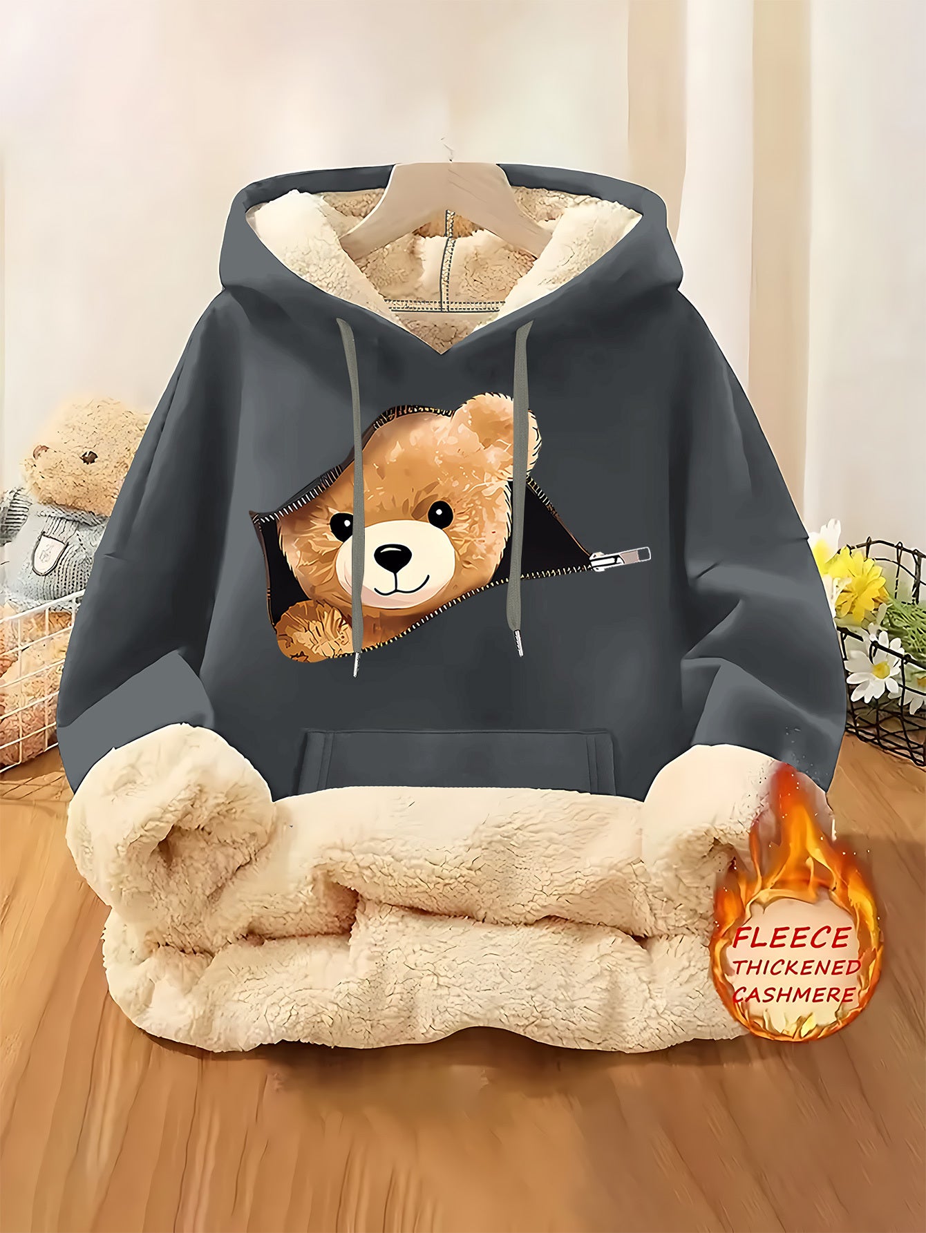 Women'S Plush Fleece-Lined Hooded Sweatshirt with Bear Print & Zipper Closure - Cozy Winter Warmth, / Color Block Design, Soft Fleece Fabric, Casual Pullover for Fall & Winter, Autumn Winter Apparel | Hooded Sweatshirt | Zipp