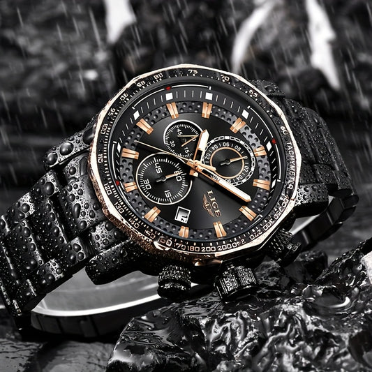 LIGE Watches Fashion Junior Men's Sports Multifunctional Quartz Watch, IP68 Waterproof Watch, Stainless Steel Band, Precision Chronograph, Stopwatch Date Function, Casual Elegant Vintage Style New Watch, Holiday Gifts