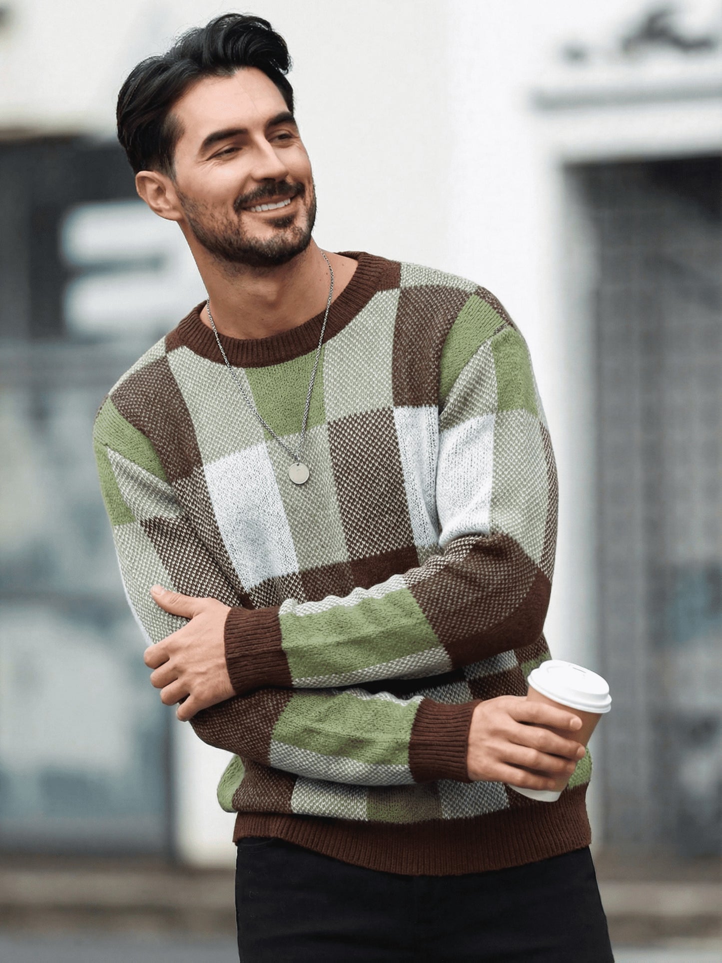 Men'S Casual Plaid Crew Neck Knit Sweater | Loose Fit, Long Sleeve, Fashionable Color Block Design, Suitable for Fall/Winter