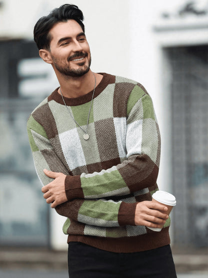 Men'S Casual Plaid Crew Neck Knit Sweater | Loose Fit, Long Sleeve, Fashionable Color Block Design, Suitable for Fall/Winter