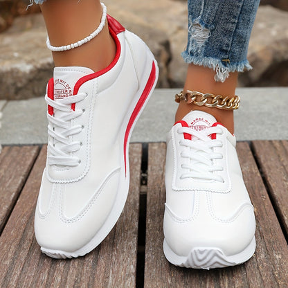 Women's Lightweight Casual Sneakers - White Synthetic Leather, All-Season Comfort, Stability Support, Breathable Fabric Lining, TPR Sole, Perfect for Casual Attire, Cute Shoes
