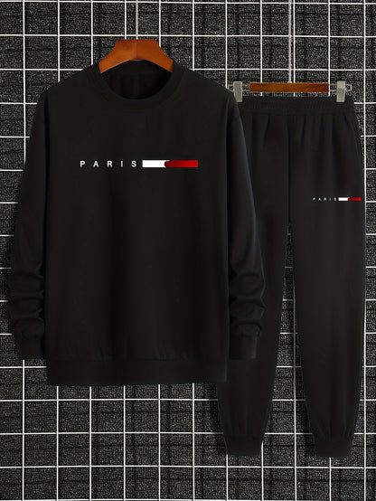 Men's Casual Sports Sweatshirt Set, Loose Fit Pullover Hoodie with Print, Polyester Blend, Round Neck, Stretch Knit, Autumn/Winter Collection