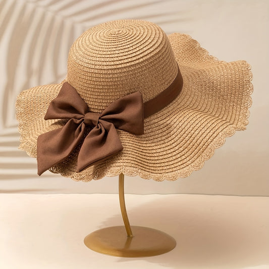 Women's Khaki Straw Hat with Bow – Lightweight Summer Beach Hat - ayq