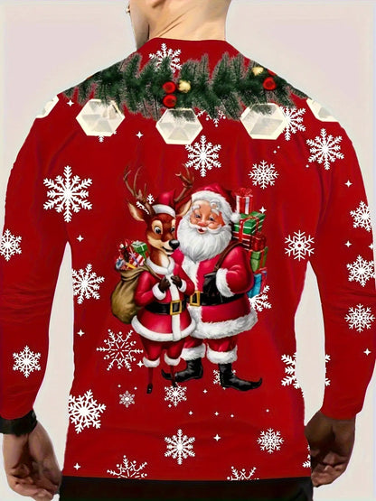 Men's Christmas Santa & Reindeer Print T-Shirt - Soft Stretchy Long Sleeve Casual Top with Elf Helper & Sleigh Design, Plus Size Holiday Party Wear, Machine Washable Red & White Snowflake Pattern Shirt, PLUS SIZE, Christmas S