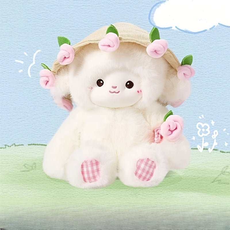 Adorable Plush Doll of a Cartoon Sheep Holding a Flower, Featuring a Fluffy Simulation Lamb Design. This Cute Kawaii Animal Plush Toy Makes a Perfect Birthday Gift