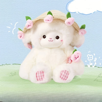 Adorable Plush Doll of a Cartoon Sheep Holding a Flower, Featuring a Fluffy Simulation Lamb Design. This Cute Kawaii Animal Plush Toy Makes a Perfect Birthday Gift