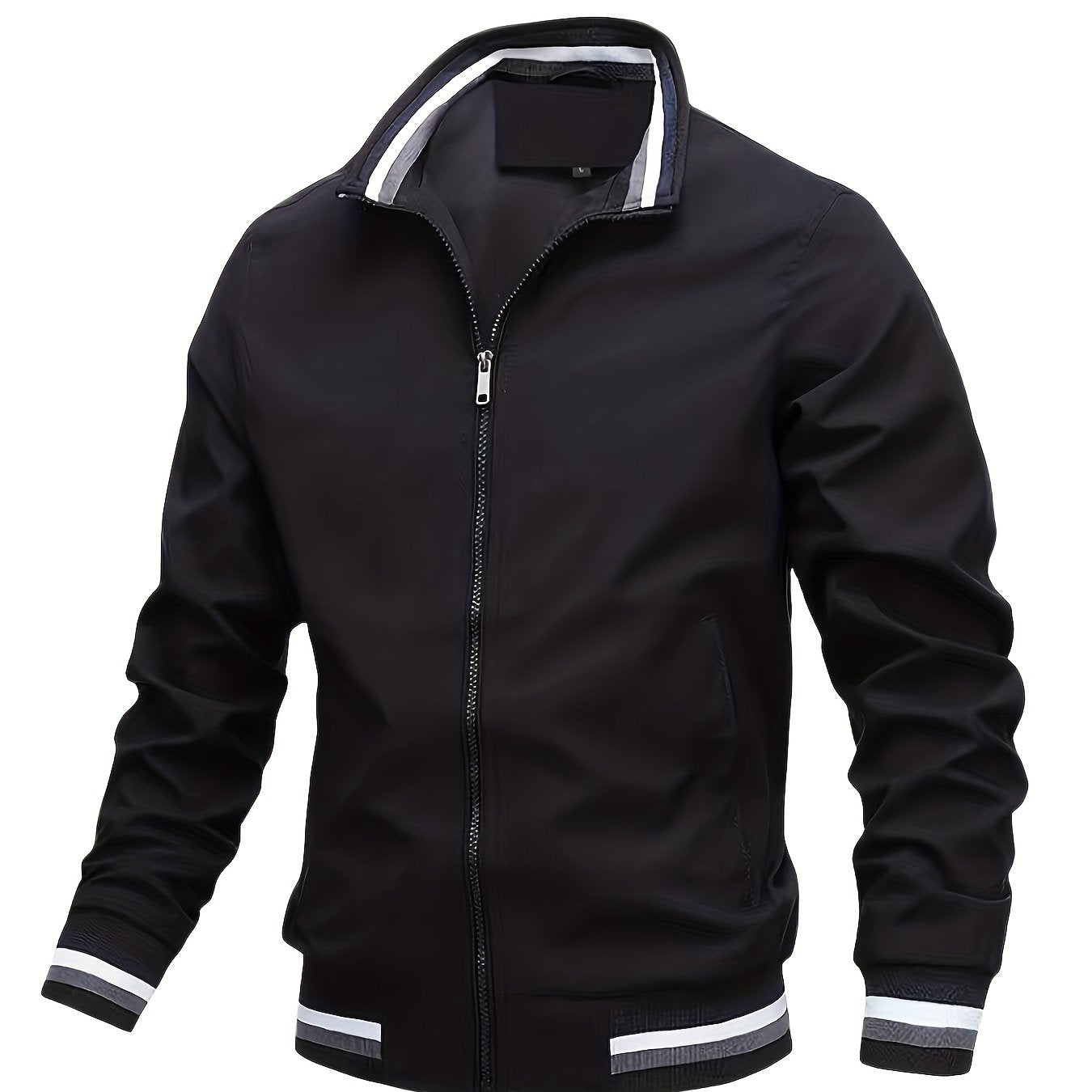 Lightweight And Trendy Men's Long Sleeve Zipper Jacket With Stand Collar, Pockets And Stripe Pattern Pieces, Suitable For Spring And Autumn Outdoors Activities