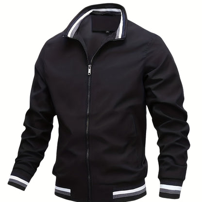 Lightweight And Trendy Men's Long Sleeve Zipper Jacket With Stand Collar, Pockets And Stripe Pattern Pieces, Suitable For Spring And Autumn Outdoors Activities
