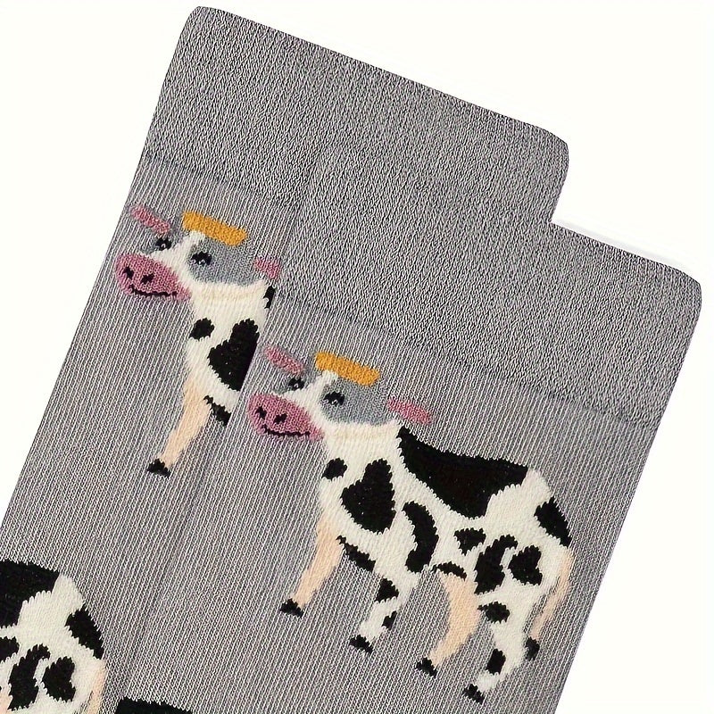 1 Pair Unisex Couple'S Knee-Length Socks, Grey Cow Print, 100% Polyester Knit Fabric, Animal Pattern, Hand Wash/Dry Clean