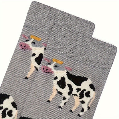 1 Pair Unisex Couple'S Knee-Length Socks, Grey Cow Print, 100% Polyester Knit Fabric, Animal Pattern, Hand Wash/Dry Clean