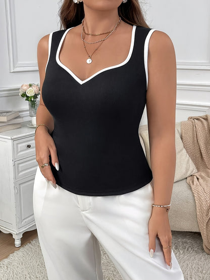 Կանացի Plus Size V-Neck Tank Top - սովորական սև անթև վերնաշապիկ, հակապատկեր եզրագծով, շերտավոր հյուսվածքով, գարուն/ամառ մեքենայով լվացվող, պլյուս չափի վերնաշապիկներ