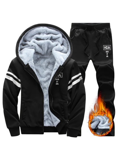 Autumn and Winter Men's Sports and Casual Suit, Men's Plus Velvet Thickened Sports Suit, Hooded Open Cardigan Fitness Suit, Warm Home Suit, Two-piece Set