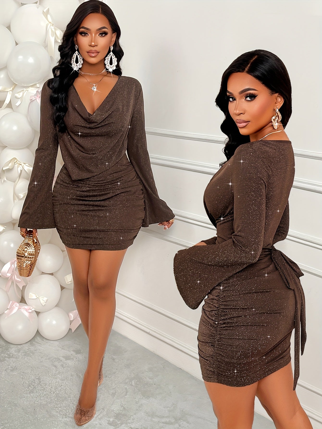 Sexy V-Neck Bell Sleeve Bodycon Dress | Solid Color with Bow Details, and Flattering for Fall/Winter