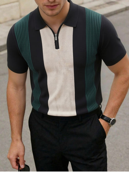 Men's Striped Knit Polo Shirt with Half-Zip for Summer Workwear