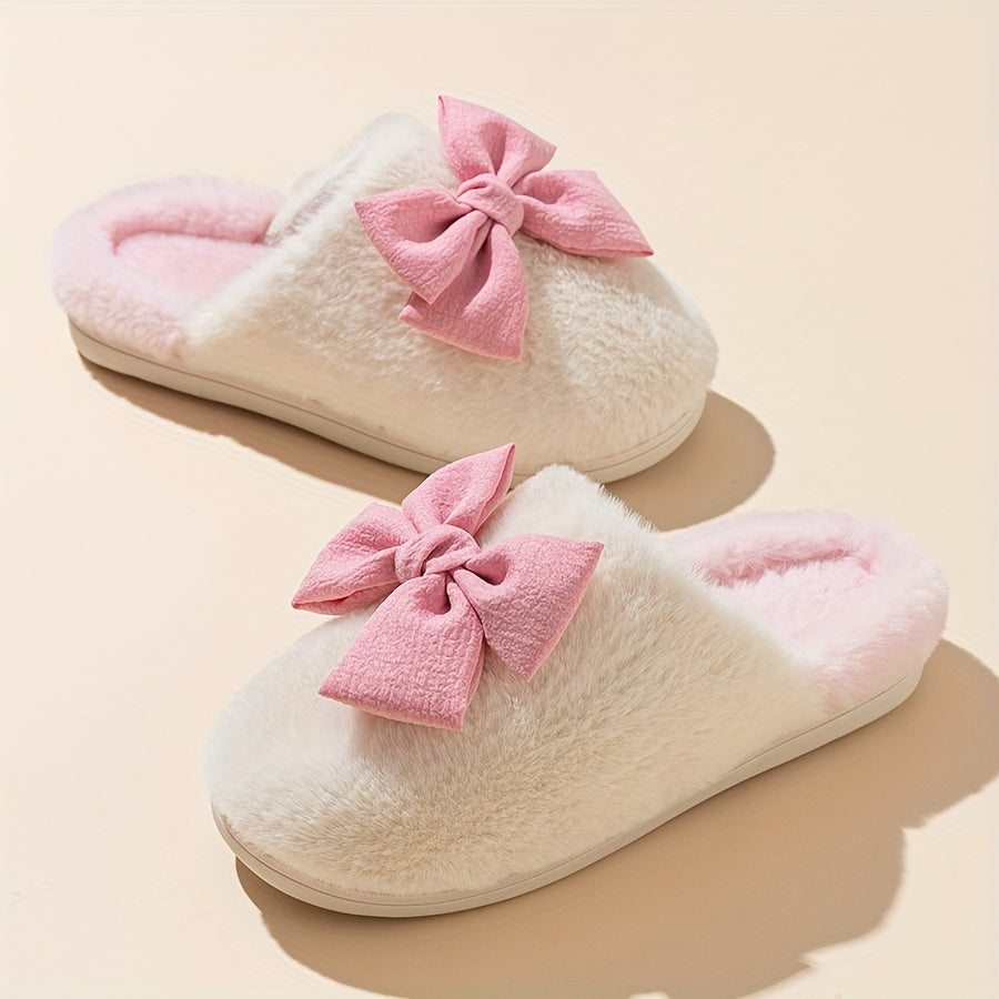 Women'S Cozy Winter Slip-On Slippers with Large Bow Detail - Soft Corduroy, Non-Slip TPR Sole, Warm Fabric Lining for Indoor Comfort, Cute Slippers