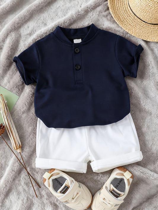 Boys' Stand Collar Short Sleeve T-Shirt & Denim Shorts Set - ayq
