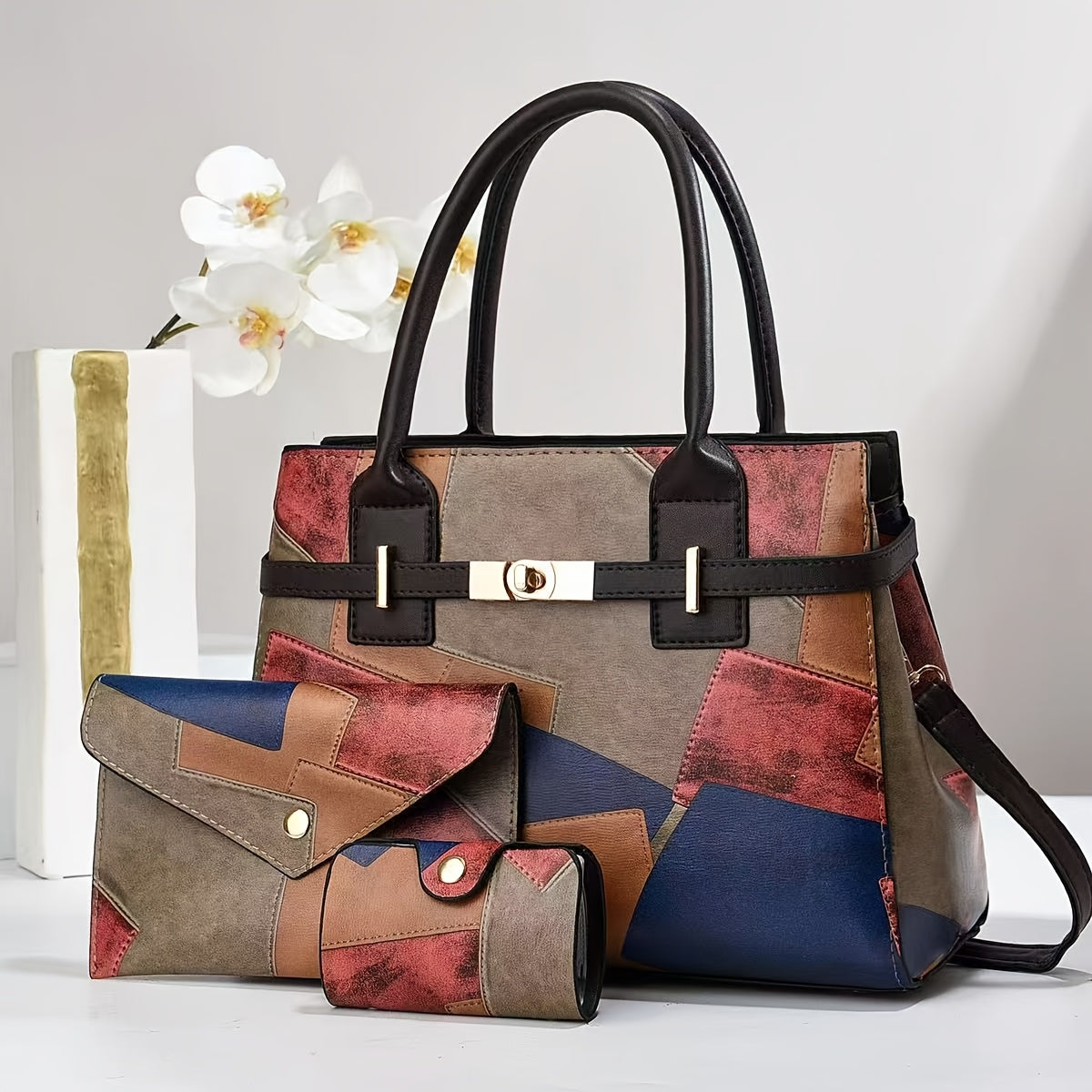 3-Piece Women's Faux Leather Handbag Set with Adjustable Strap