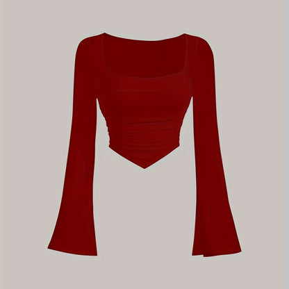 Women'S Elegant Square Neck Solid Color T-Shirt, Polyester Knit Fabric, Short Length, Stretchy Slim Fit, Spring/Fall Fashion Top