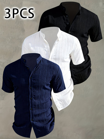 Men's 3-Piece Summer Shirt Set - Lightweight, Breathable, Stand Collar
